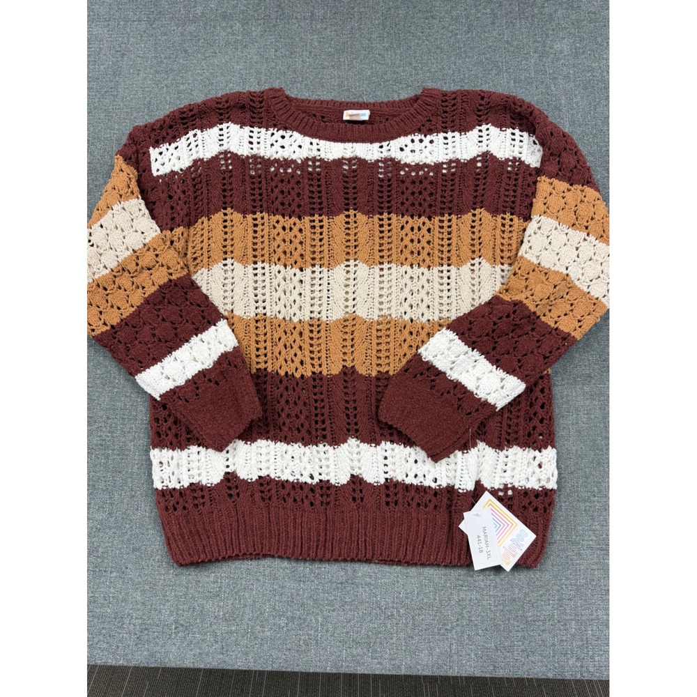 LuLaRoe Mariah Sweater 3XL NWT Burgundy Mustard Cream Striped Open Knit Crochet